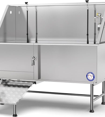 Flying Pig 62" Stainless Steel Pet Dog Grooming Bath Tub with Walk-In Ramp & Accessories (Left Door/Right Drain)