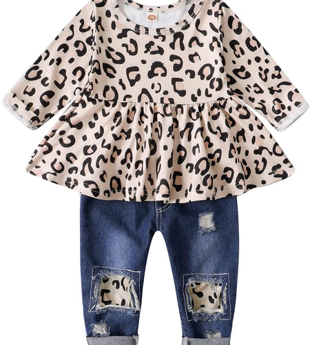 Infant Toddler Baby Girl Clothes Denim Jeans Outfits 2PCS Ruffle Floral Top + Ripped Denim Girls Pants Set 6M-4T