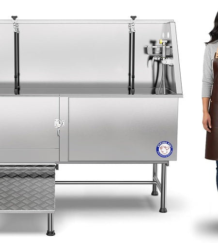 Flying Pig 62" Stainless Steel Pet Dog Grooming Bath Tub with Walk-In Ramp & Accessories (Left Door/Right Drain)